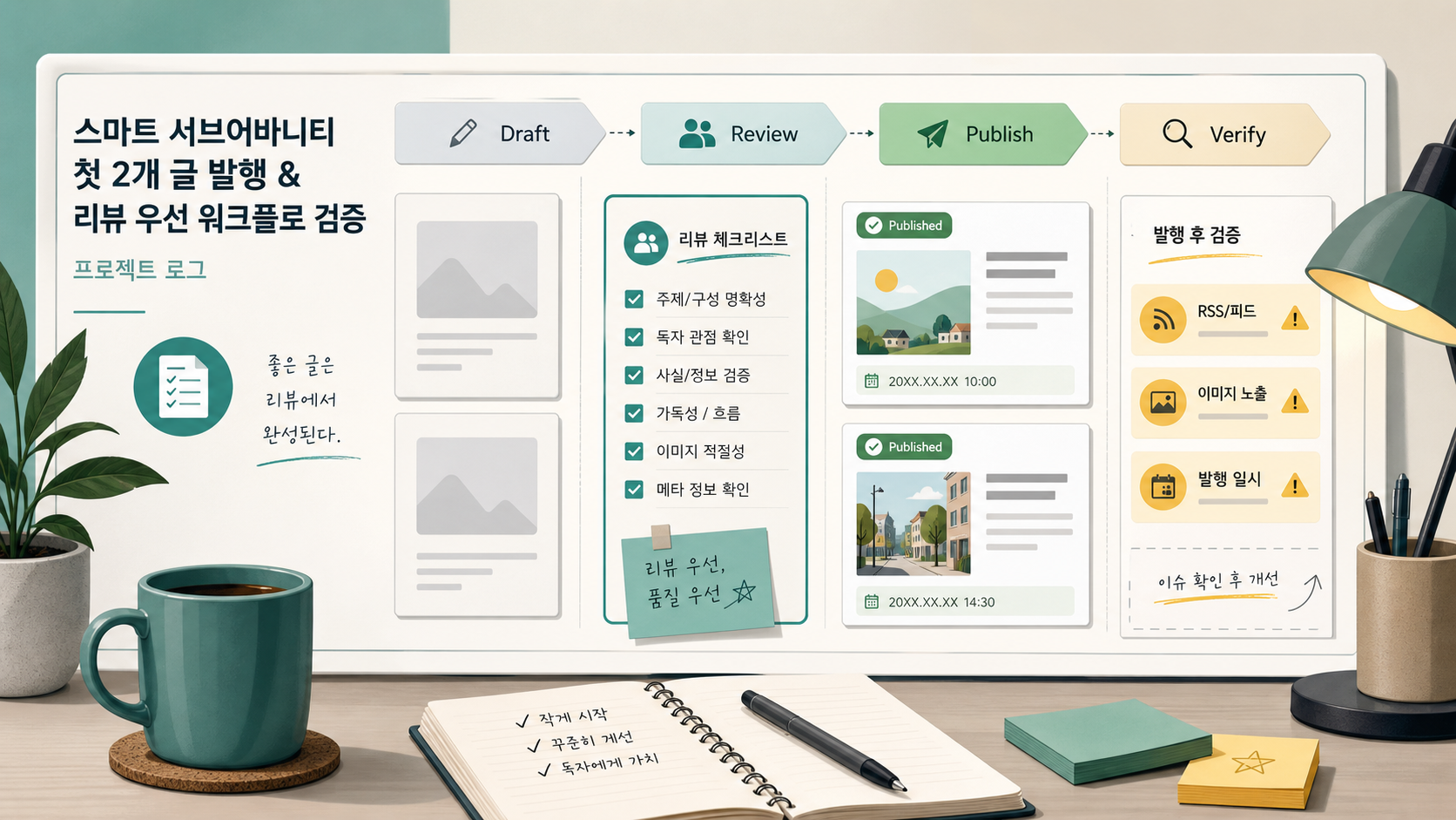 첫 두 개의 The Smart Suburbanite 글과 검수 체크리스트, RSS 및 이미지 이슈를 정리한 프로젝트 워크플로 보드